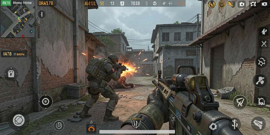 Tampilan gameplay menegangkan dari ORA78 dengan aksi tembak menembak yang intens.