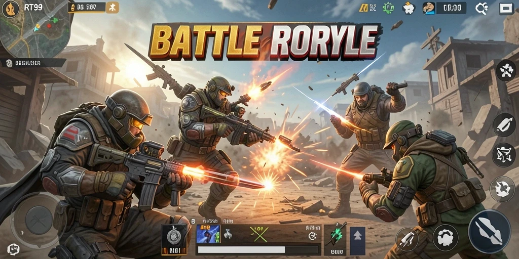Gameplay RT99 dengan pertempuran intens Battle Royale.