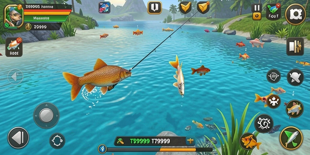 Screenshot T9999 menunjukkan momen seru dalam permainan memancing yang penuh tantangan.