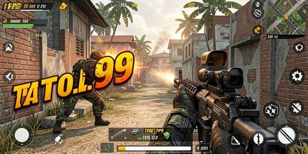 Screenshot TOTO99 menampilkan aksi tembak-menembak yang seru di lapangan tempur.