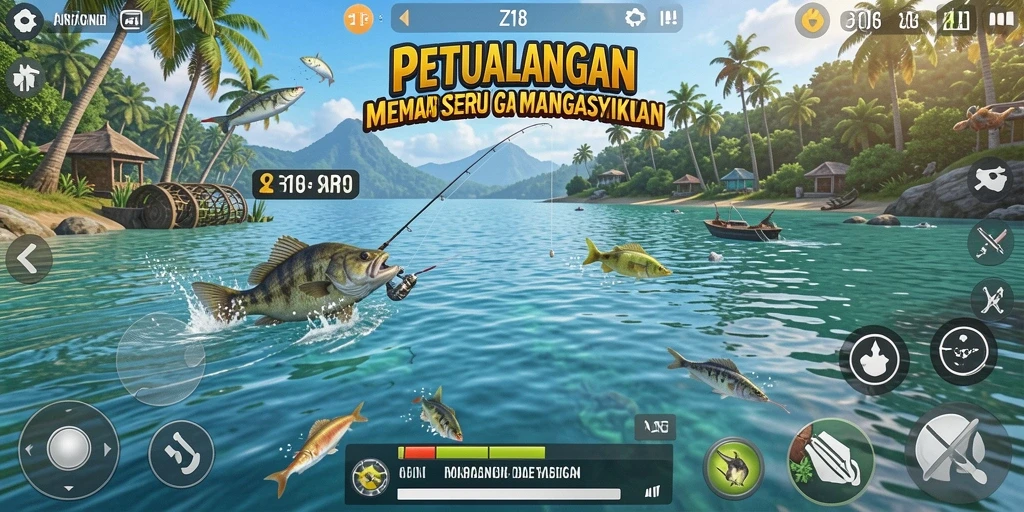 Screenshot gameplay Z18 yang menunjukkan aksi memancing yang seru.
